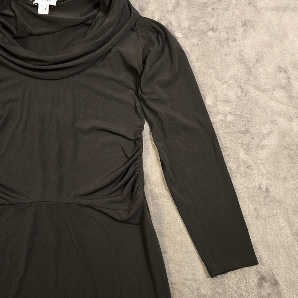 Chic Black Cowl Neck Midi Dress Small Ruched Draped Bodycon Cocktail Party Gala - Picture 7 of 16